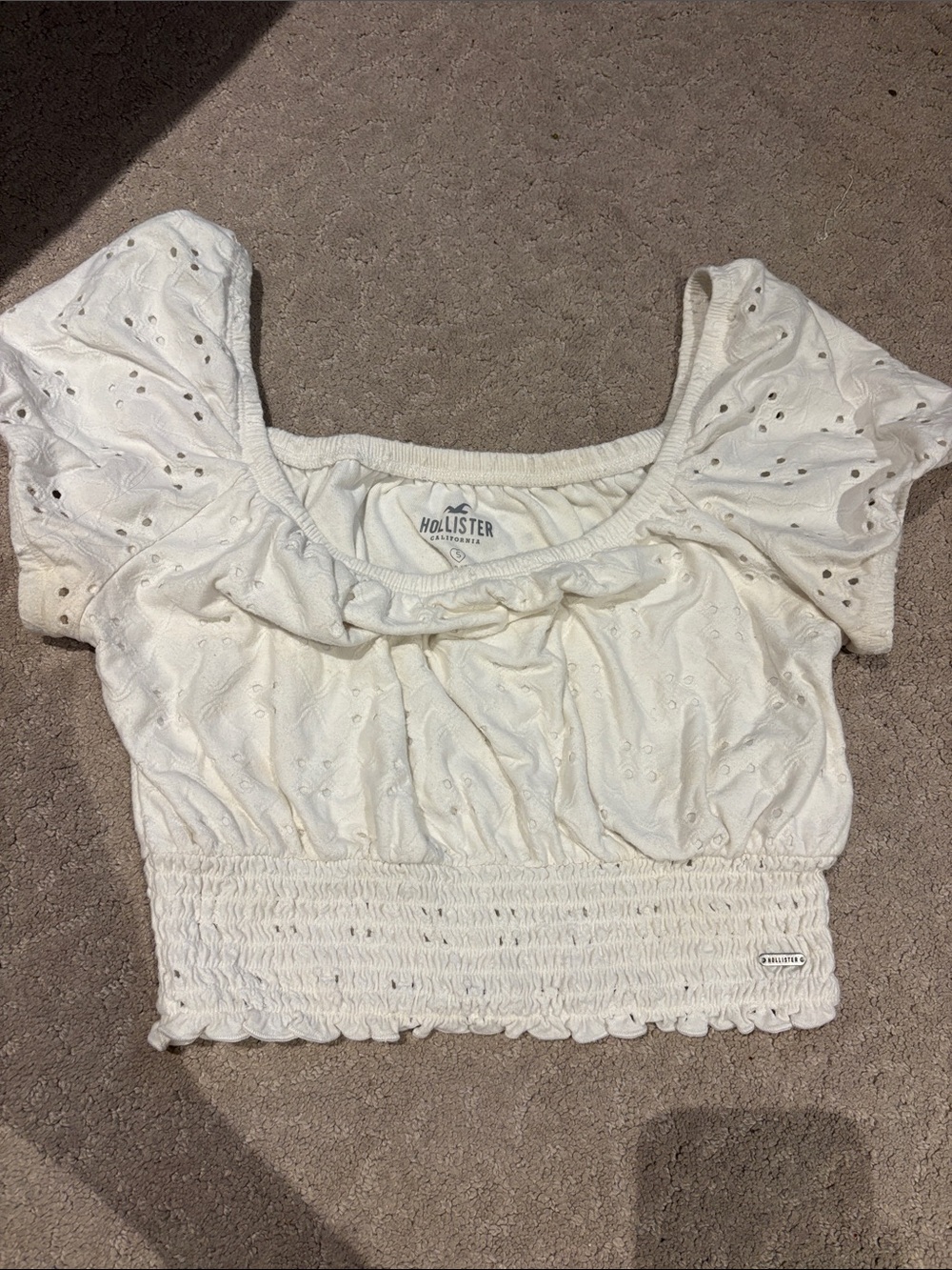 Hollister White Eyelet Smocked Puff Sleeve Crop Top